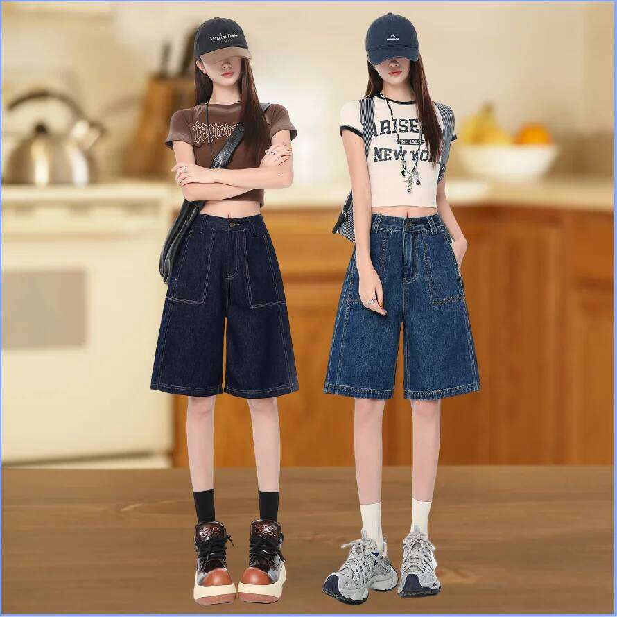 2026 Summer Women American Style Baggy High Waist Short Jeans Y2k Denim Pants Lady Blue Vintage Slacks Wide Leg Shorts XJ260305