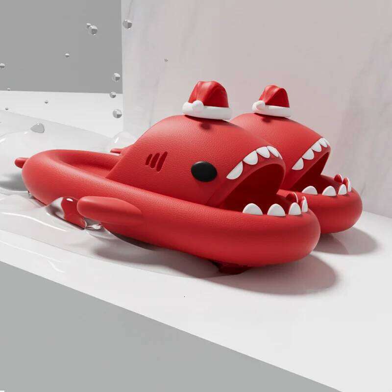 Funny Christmas Party Shark Slippers For Women Men Cute DIY Red Hat House Shoes Soft EVA Thick Sole Couples Indoor Street Slide