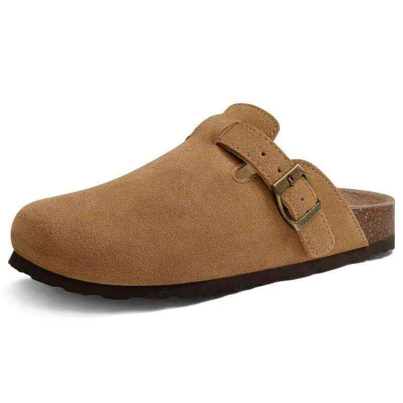 Kidmi New Genuine Cow Suede for Women Men Clogs Soft Cork Footbed Mules Leisure House Shoes with Arch Support Beach Slides