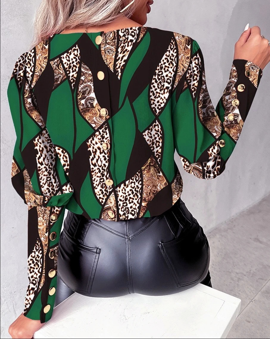 Autumn and winter fashionable printed long sleeved love style round neck button up blouse shirt for women 260228