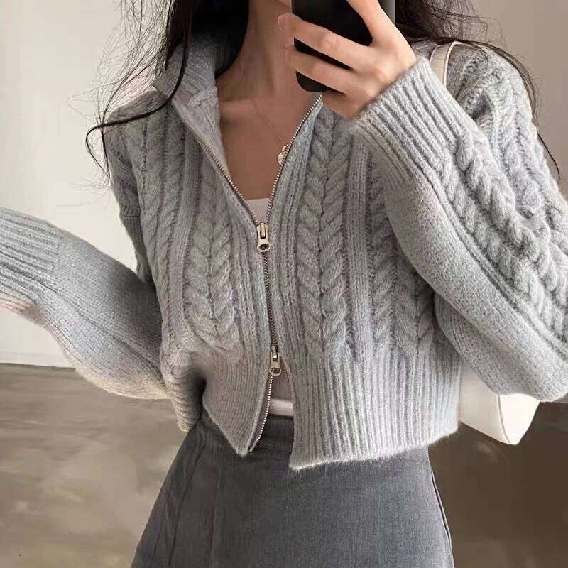 Twists Knit Short Coat Long Sleeve Zipper Sweater Casual Women Cardigan Vintage Winter Korean Chic Elegant 2024 Lady Trend Top XJ260305