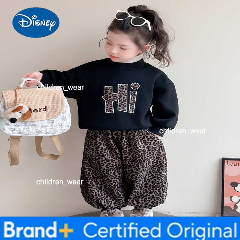 Disney Girl Clothes Sets Autumn Kid Sweatshirts Pullover Letter Top Leopard Print Pants 2pcs Suit Children Sweet Tracksuits Outfits H260305