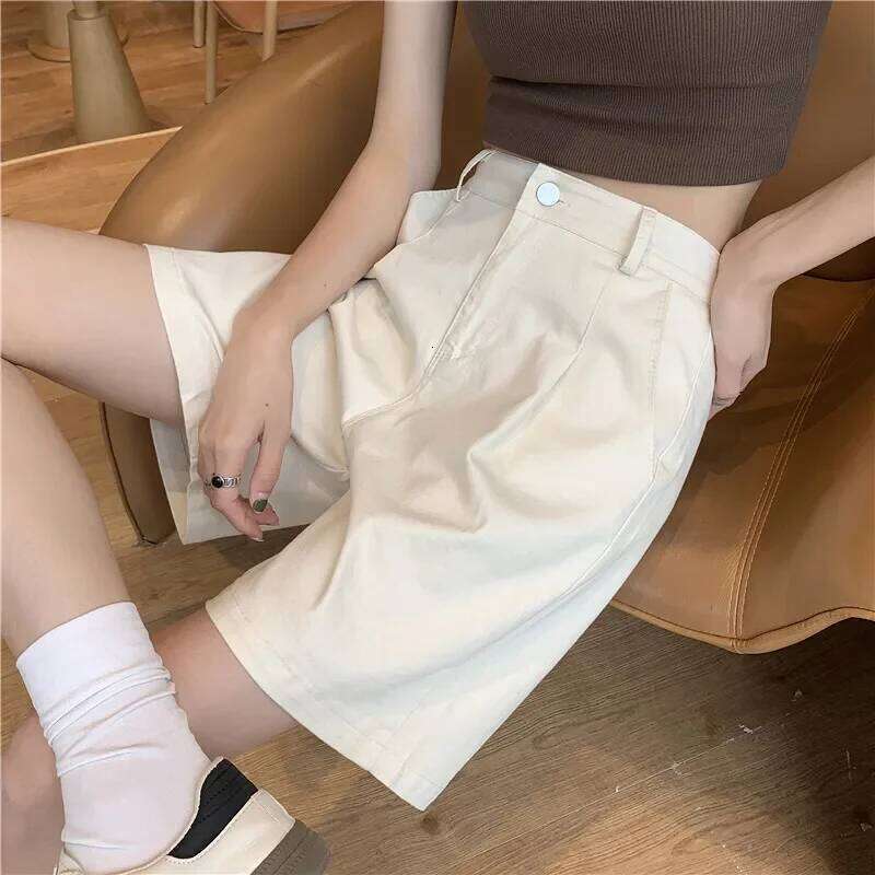 Summer High Waist Wide Leg Bermuda Shorts for Women Loose Straight Casual Pants with Belt Korean Style Button Detail XJ260305