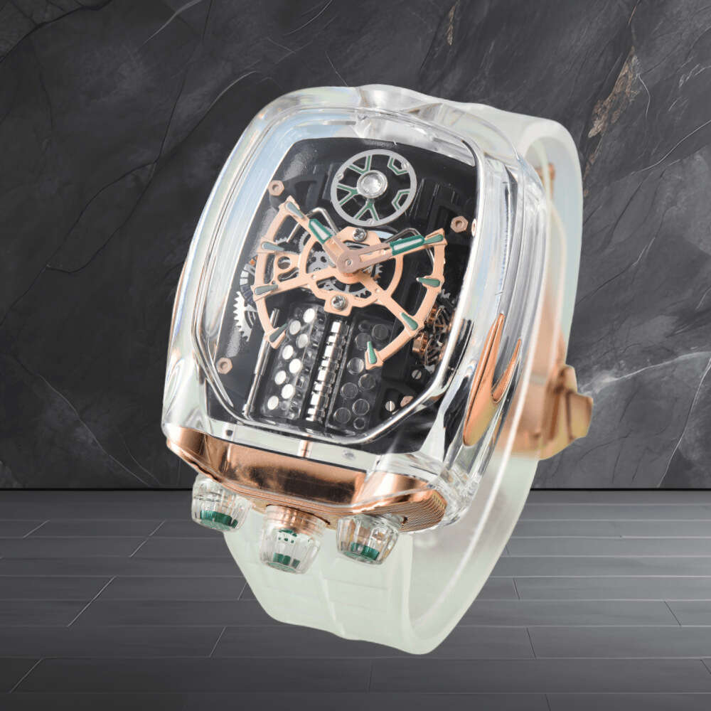 Men Transparent Skeleton Automatic Designer Watch 16 Cylinder Engine Dial Waterproof Casual Luxury Wristwatch