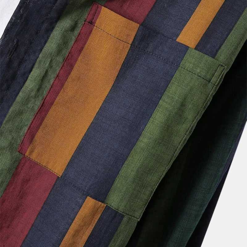 Autumn Mens Streetwear Colorful Vertical Stripes Loose Long Sleeve Shirt Leisure Fashion Retro Button-down Cotton Pockets Tops M260305