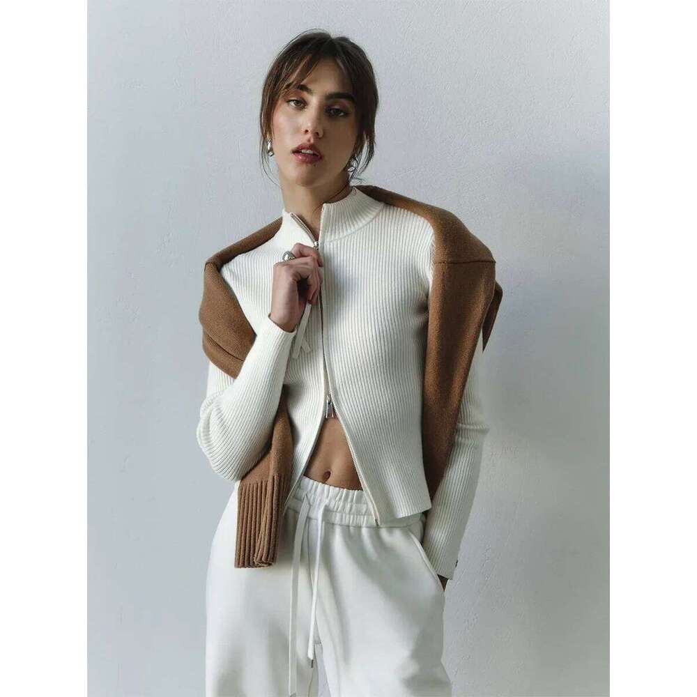 Wolfeel Autumn New Women's Stand Collar High Quality Sweaters Slim Fit Long Sleeve Double Zipper Knit Cardigan Cozy Outerwear XJ260305