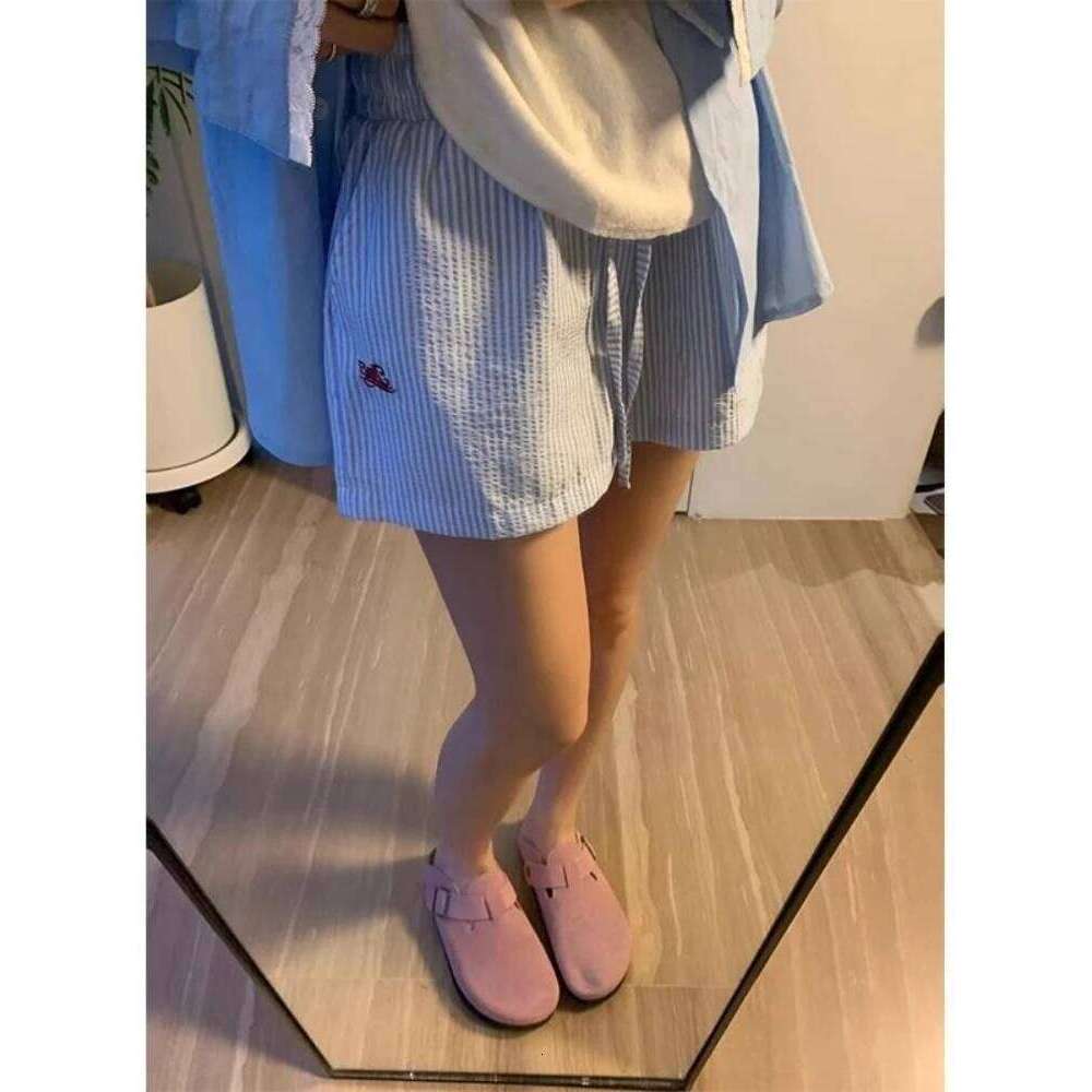 HOUZHOU Blue Striped Letter Embroidery Shorts Women Wide Leg Korean Fashion Short Pants Drawstring Baggy Casual Jorts Summer XJ260305
