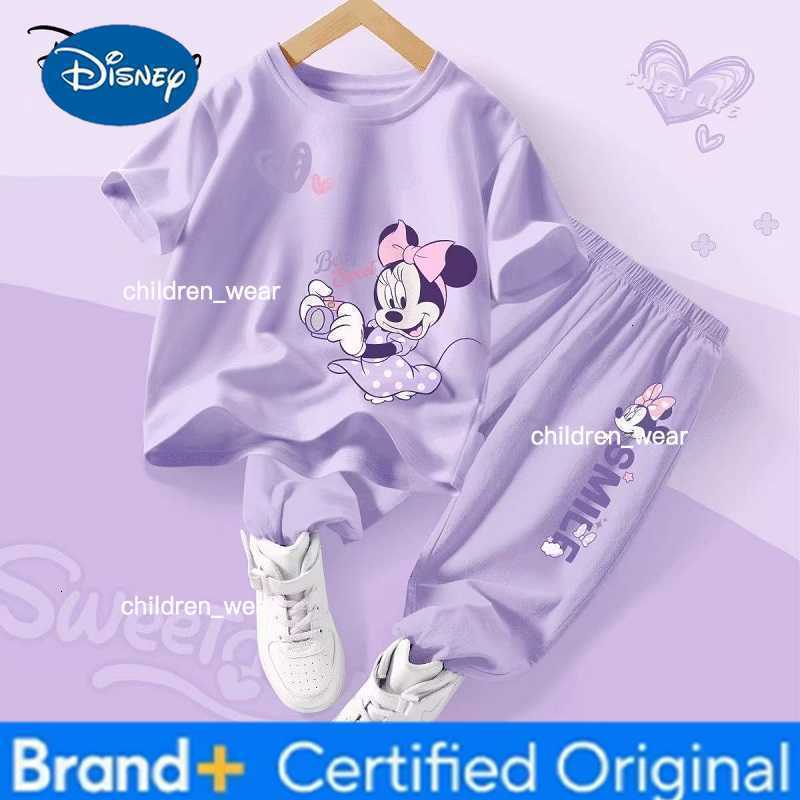 Disney Summer Baby Girl Clothes Set Children Minnie Cartoon Printing O-Neck T-shirt and Pants Two Pieces Suit Cotton Tracksuit H2603051