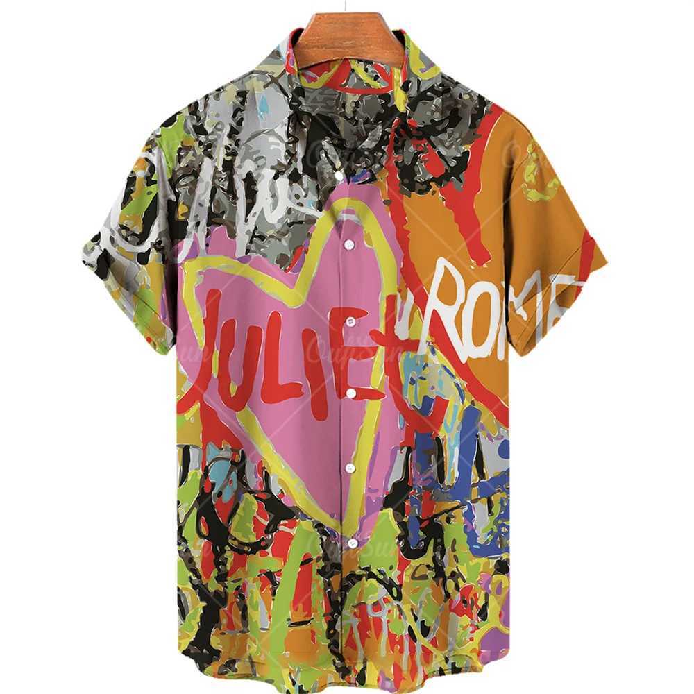 Summer Mens Designer Shirts Colorful Graffiti 3D Print Hawaiian Blouse Short Sleeves Fashion Floral Oversized Retro M260305