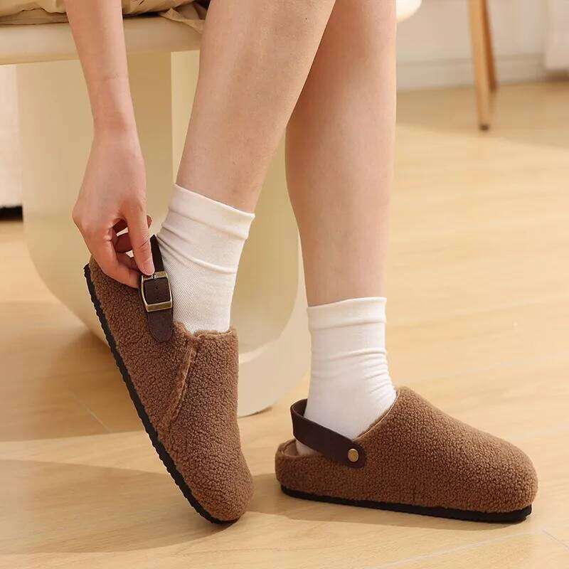 Kidmi Winter Plush Lining For Women Non-slip Platform Indoor Slides Furry Cozy Outdoor Slippers Adjustable Buckle Shoes