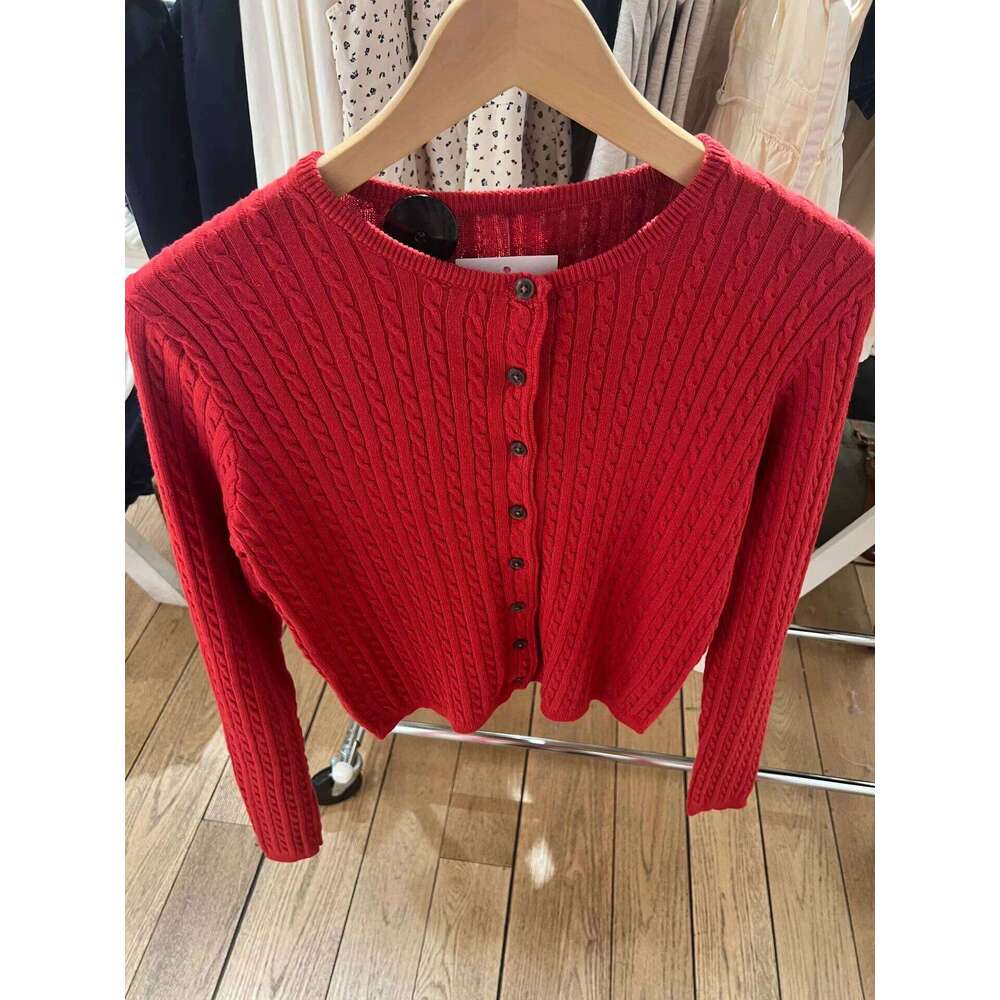 New Red Twist flower Knitted Sweater Cardigan O-Neck Single Breasted Long Sleeve Slim Coat Vintage Streetwear Simple Crop Top XJ260305