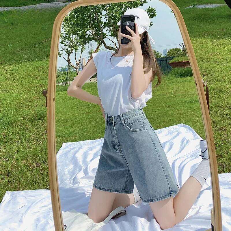 Women Denim High Waist Pants 2025 New Y2K Vintage Loose Knee Length Shorts Ladies Fashion Must Have Wide leg Jeans XJ260305