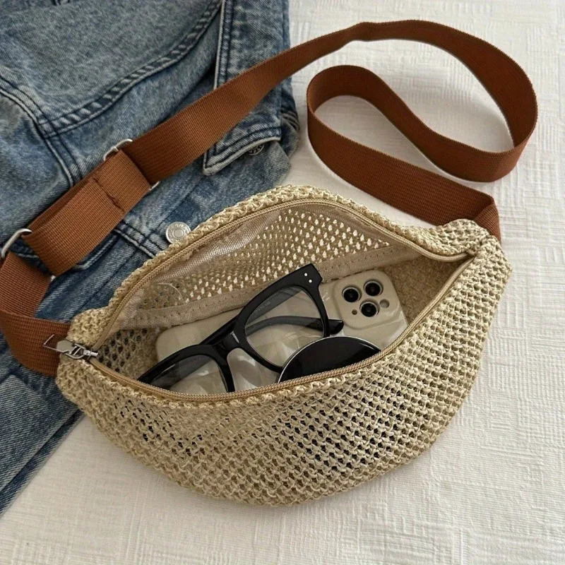 Woven Crossbody Bag Light Bohemian Waist Bag with Zipper Breathable Fabric Lining Golden Hardware Beige Brown Leather Bag 260303