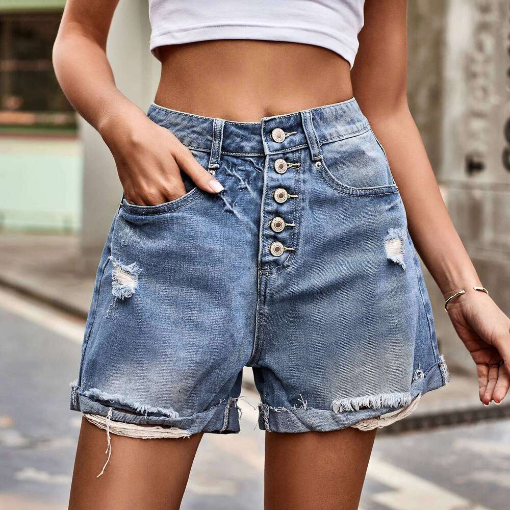 2025 Casual One-breasted High-waisted Denim Shorts. New Summer Fashion and Versatile Washed Ripped Loose Shorts for Women XJ260305