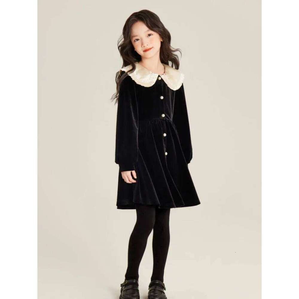 Girls' Autumn/Winter High-end Fleece-lined Velvet Elegant Black Princess Gown Dress - 4-12 Years Old Z260304
