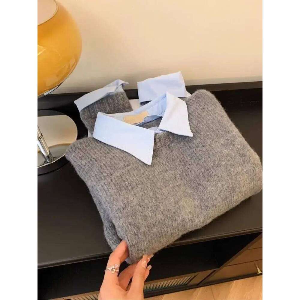 Shirt Collar Long Sleeved Sweater Korean Fake Two-piece Color Block Knitted Pullover Top Women's Autumn Loose Versatile Coat XJ260305