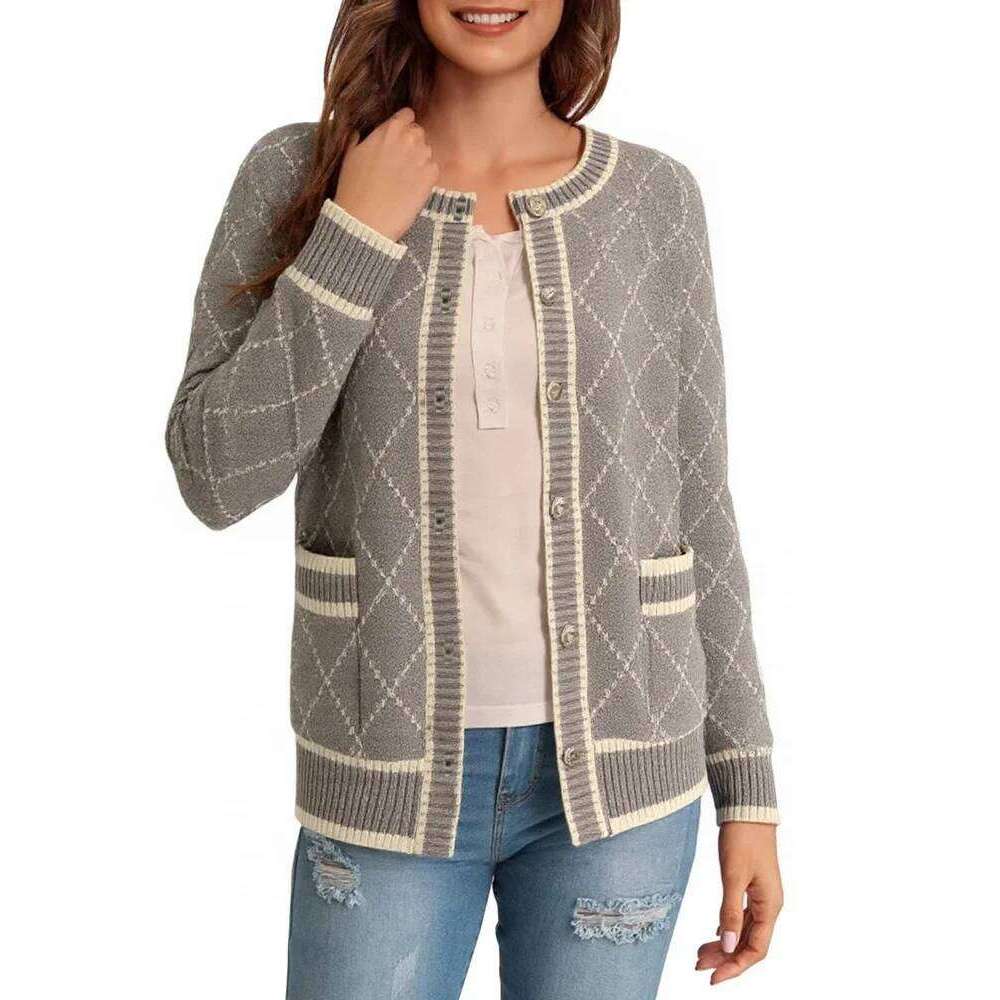 Long Sleeve Knitted Cardigan Argyle Sweater Autumn Winter Women Loose Jackets Plaid Office Coat Pockets Casual Elegant Clothes XJ260305