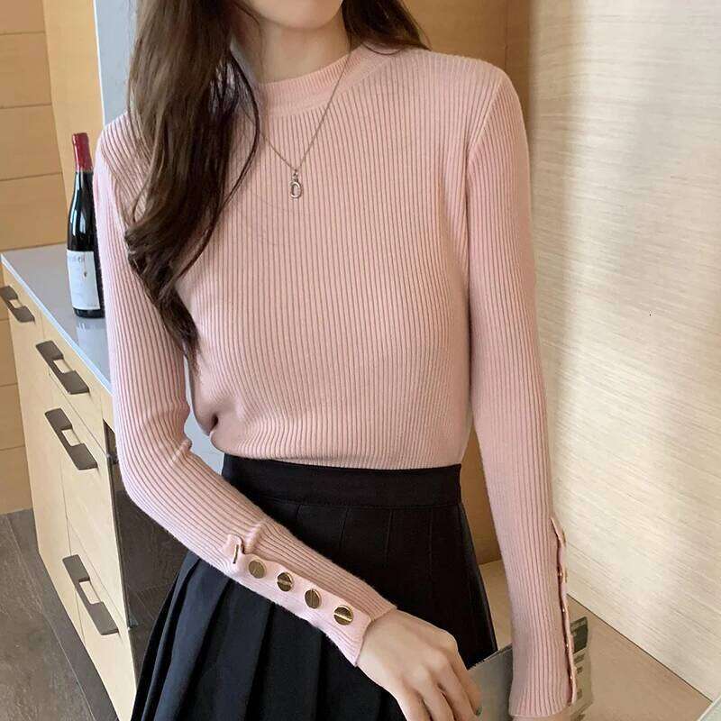 Autumn Winter Women Knitted Sweater Long Sleeve Button O Neck Slim Pullover Sweaters Female Soft Warm Bottoming Tops XJ260305