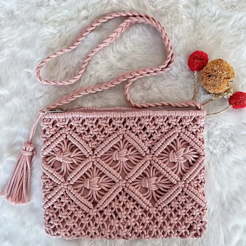 1pc Boho Chic Handwoven Shoulder Bag for WomenHandwoven Cotton with Zipper Tassel DetailsBeach Bagfor TravelCasual Outings 260303