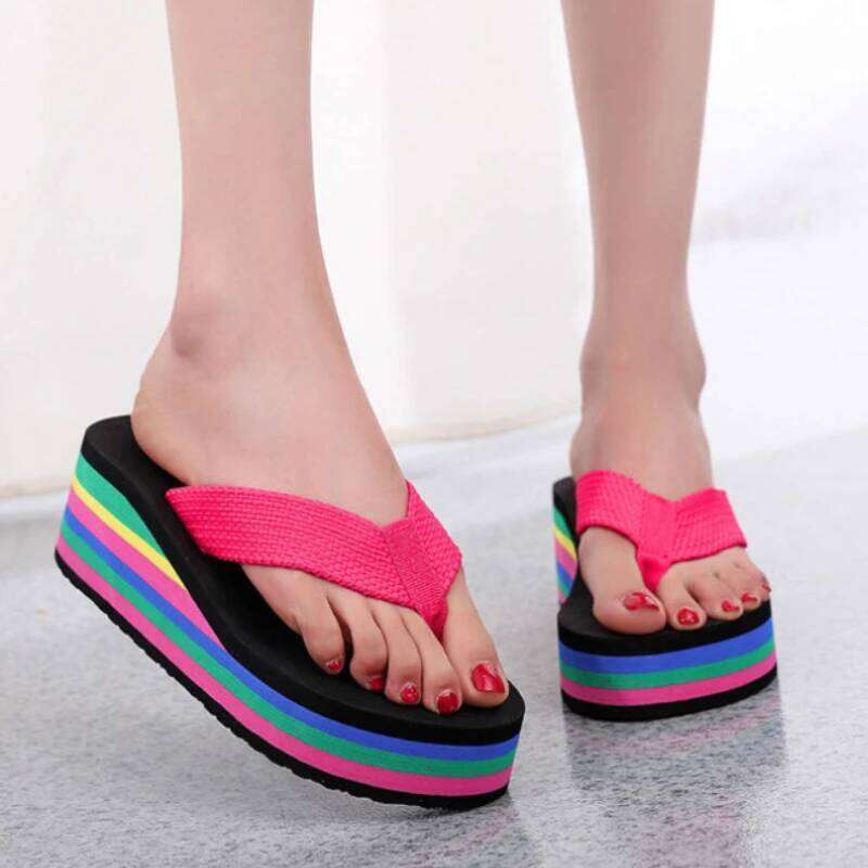 Women's Rainbow Color Platform Flip Flops Summer Thick Sole Lightweight Slip-on Wedges Sandals Girls Beach Slippers