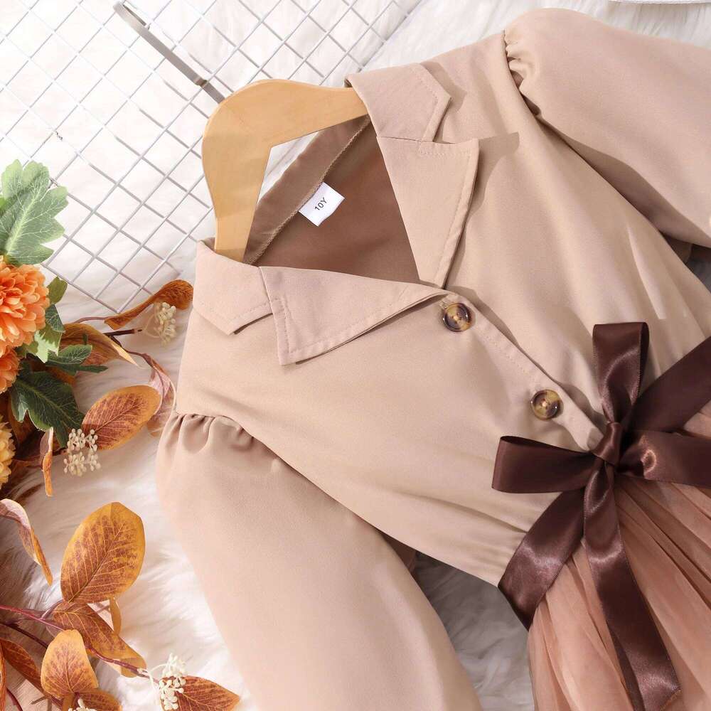 Girls' long sleeved lapel solid color mesh dress with woven waistband Z260304