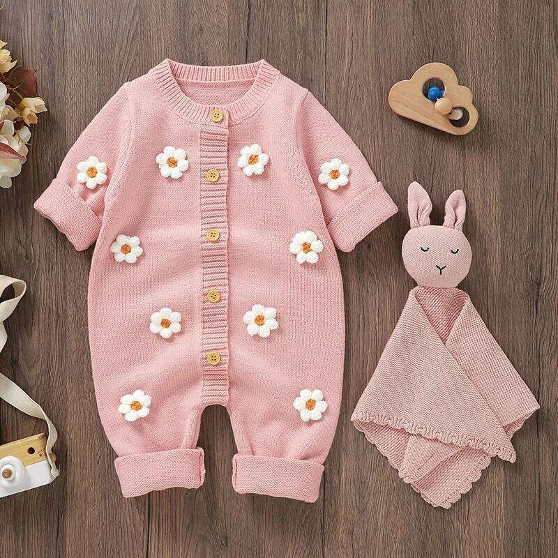 Citgeett Spring Infant Baby Girls Knit Romper Long Sleeve Button Flower Fall Jumpsuit Sweater Pink Clothes Z260304