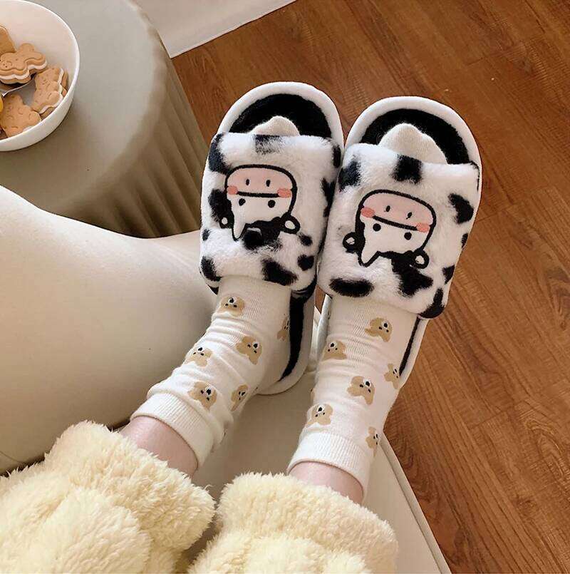 Kidmi Indoor for Women Fashionable Cute Cartoon Plush Cow Cotton Slippers Autumn and Winter Student Light Slides