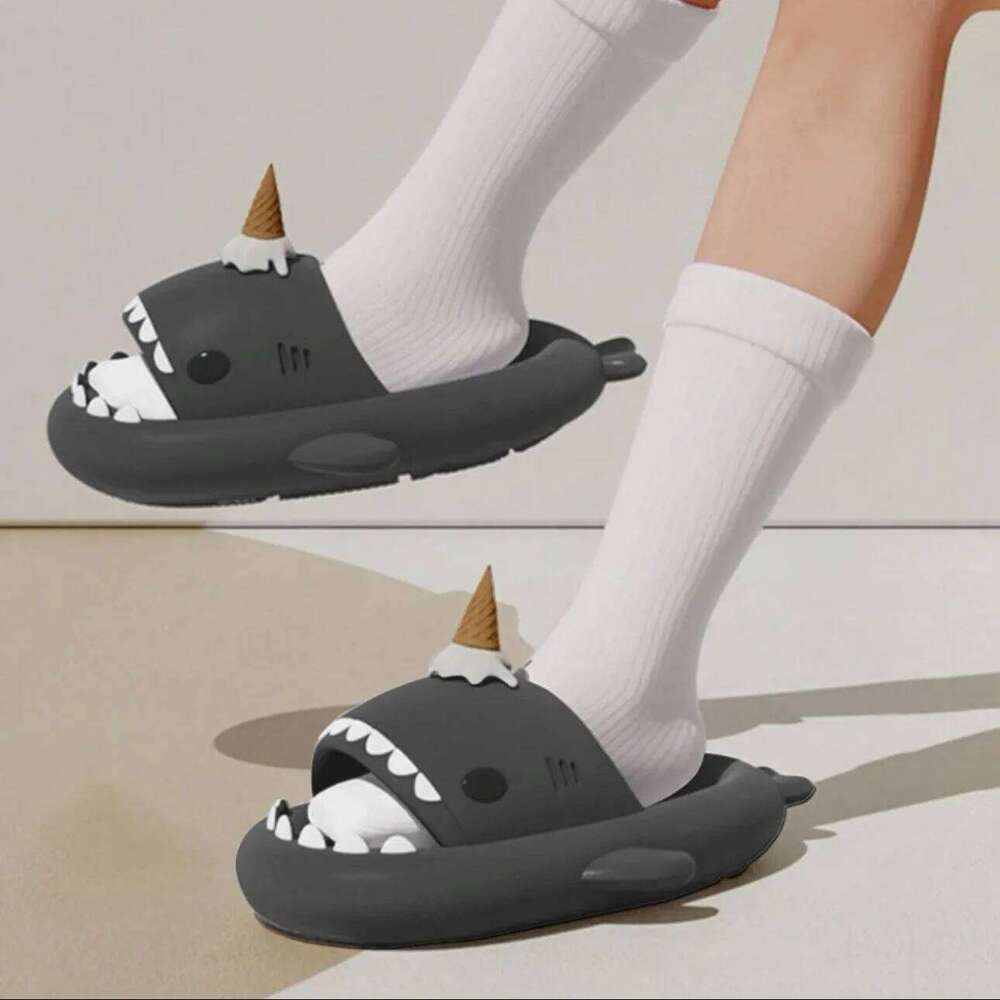 Summer Ice Cream Shark Slippers for Couples Cute Anti-Slip Thick Sole Indoor Bathroom Slides Men Women Beach Street Sandals