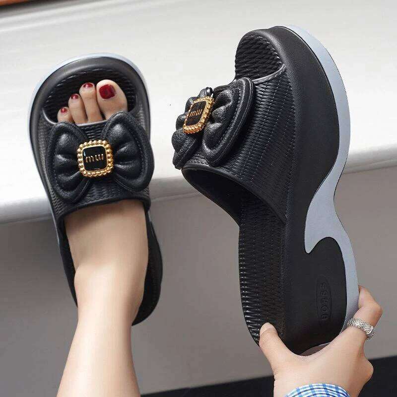 Kidmi EVA High-value Versatile Womens Round Head Slippers Summer New Fashion Thick-soled Elevated Bow Flip-flops