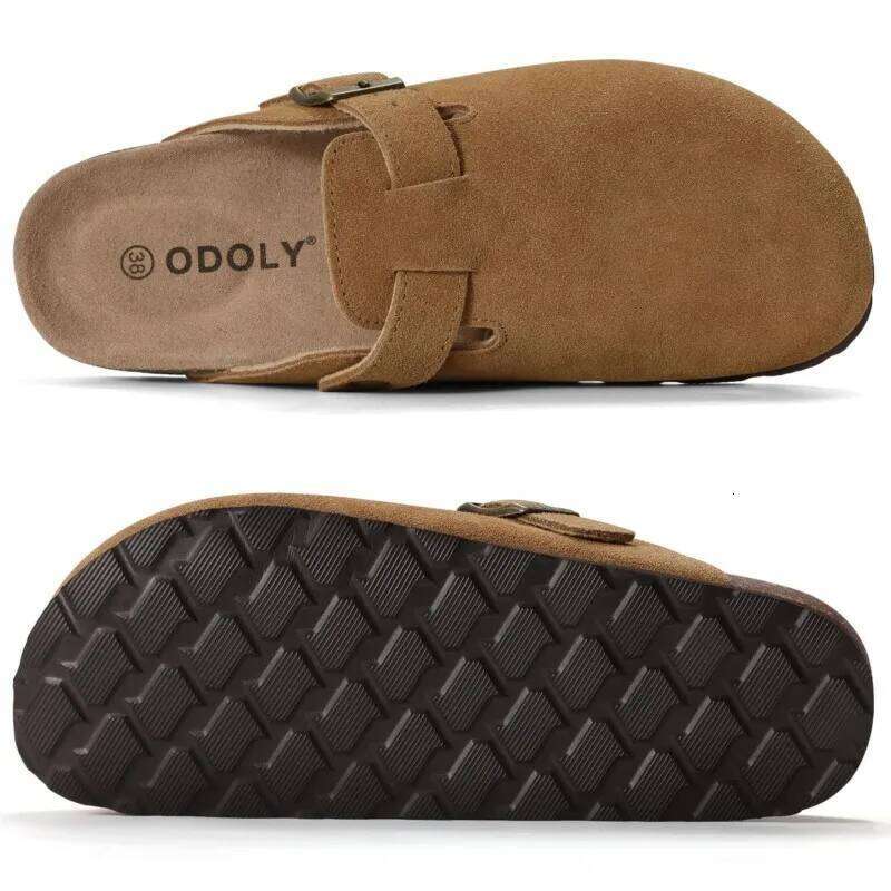 Kidmi New Genuine Cow Suede for Women Men Clogs Soft Cork Footbed Mules Leisure House Shoes with Arch Support Beach Slides