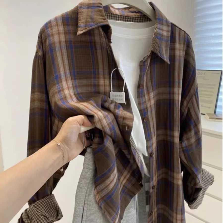 Casual Retro Plaid Long Sleeved Shirt French Lazy Style Autumn Loose Versatile Cardigan Fashionable Lapel Single Breasted Blouse M260305