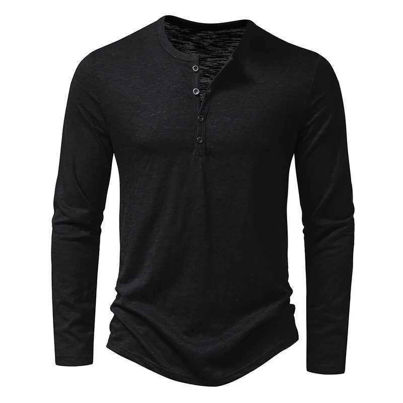 New Mens Cotton Henley T Shirt Long Sleeve T-Shirts Basic Casual Button Collar Breathable Daily Top Tees M260305