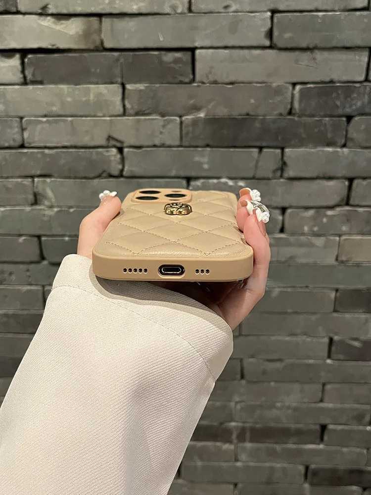 Luxury Quilted Leather Phone Case with 3D Metal Camellia For iPhone 16 15 14 13 12 Pro Max | Anti-fall Silicone Hybrid CoverT260305