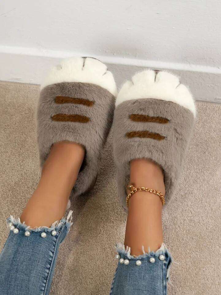 Women Indoor Fluffy Slippers Cute Cartoon Paw Winter Warm Shoes Female Thick Sole Light Weight Soft Faux Fur Home Floor Slipper