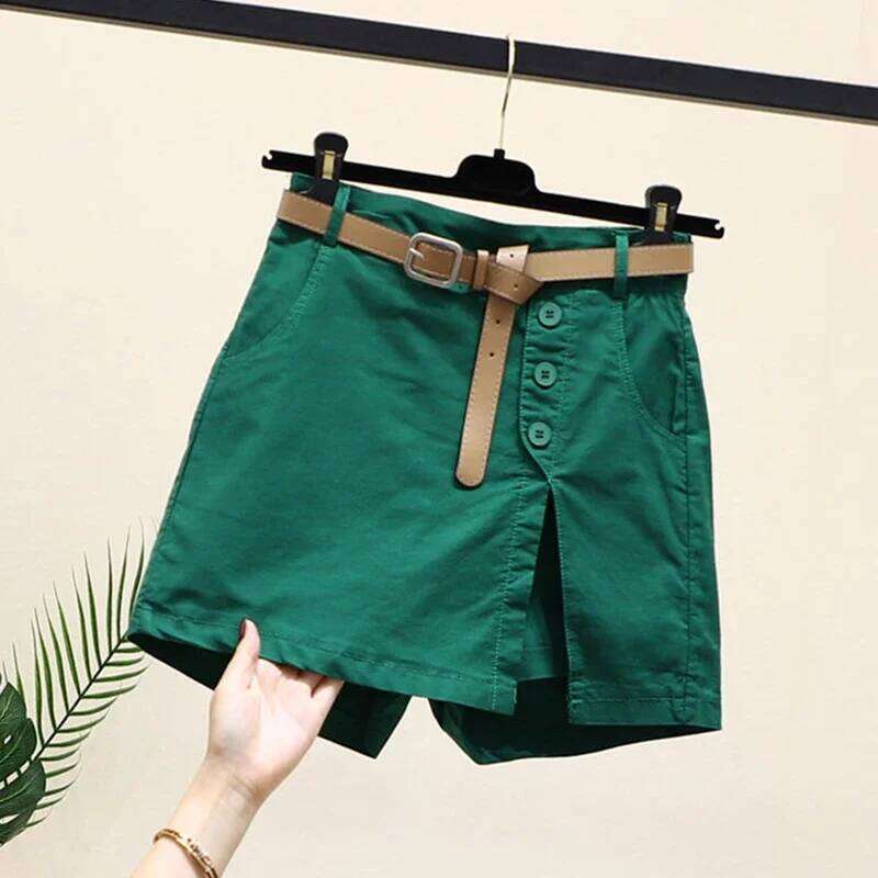 Shorts Women Belt Korean Solid Buttons Side Slit A-line Streetwear Fashion Skirts Chic Harajuku Summer Loose Pants XJ260305