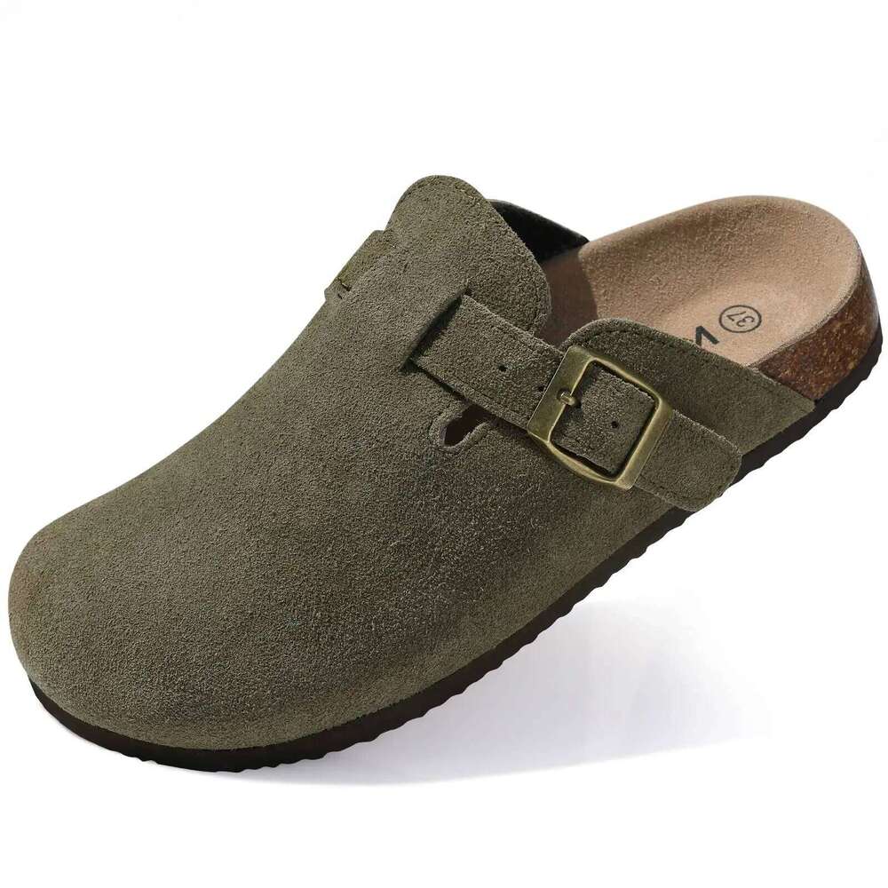 Kidmi Men's Suede Cork Footbed Clogs for Women Soft Leather Adjustable Buckle Slip-on Potato Shoes Sandals Beach Slippers