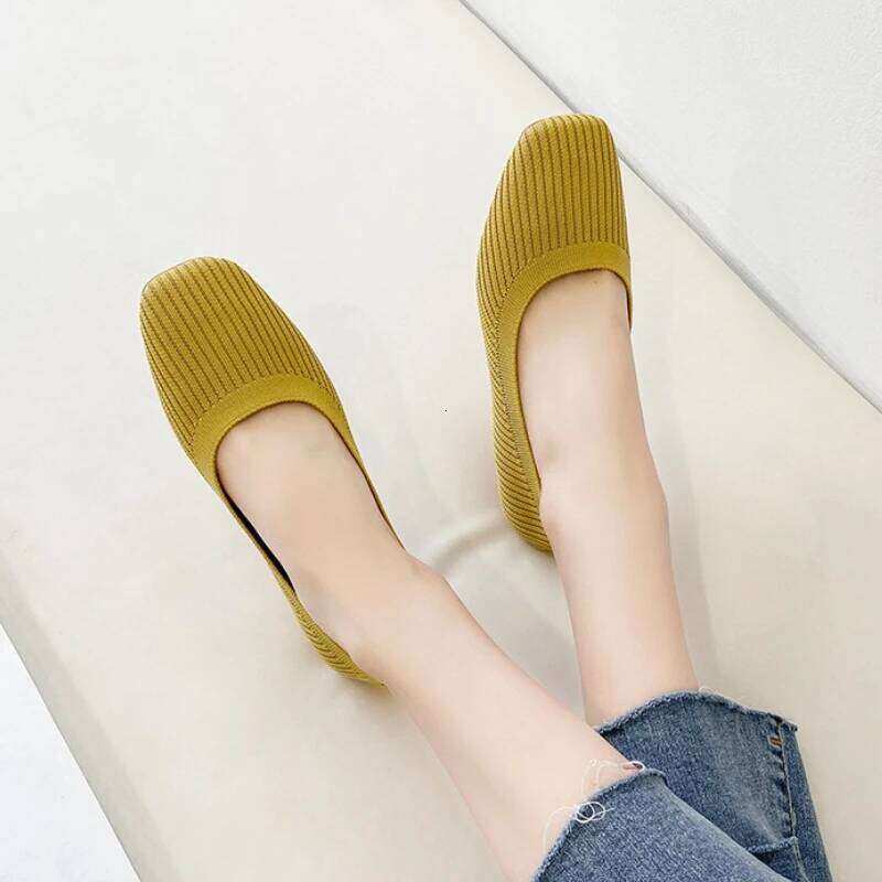 Women Leisure Flats Summer Autumn Flat Shoes Breathable Knitted Square Toe Slip-on Female Daily Walking Driving Loafers