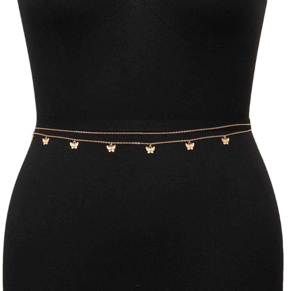 Metal Tassels Butterfly Waist for Women Sexy Charming Double Belly Summer Beach Body Chain Vacation Jewelry Gift S260304