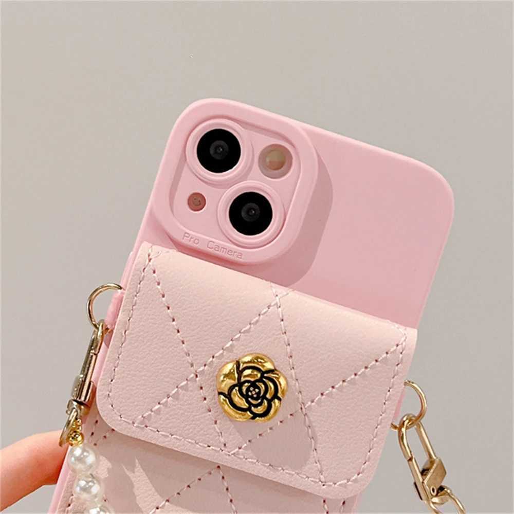 Korean Style 3D Camellia Quilted Card Bag Phone Case with Pearl Chain For iPhone 15 14 Pro Max 13 12 11 X XR 8 Plus | Shockproof Silicone CoverT260305