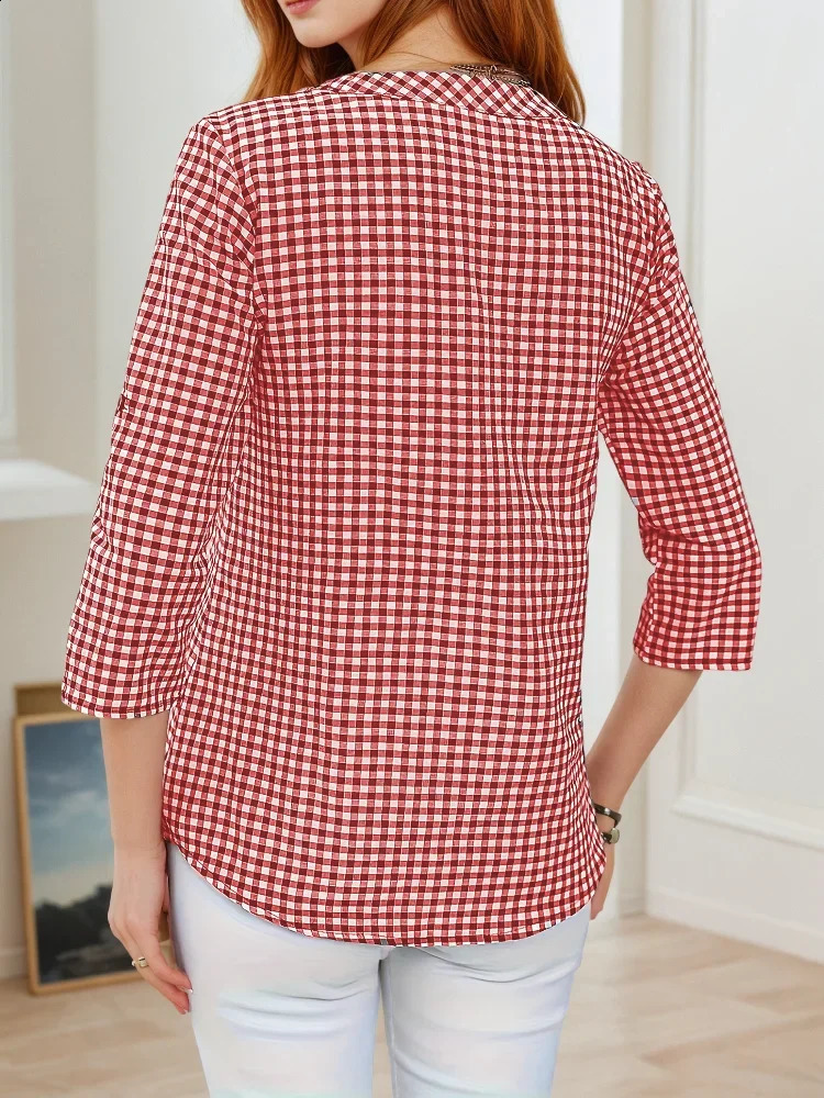 Plus Size Spring Autumn Women Fine Plaid Fashion Long Sleeve VNeck Blouse Slim Fit Temperament Top Belly Covering Small Shirts 260228