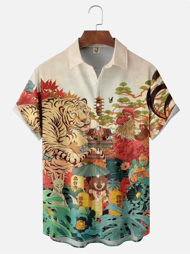 Japanese Style Ukiyoe Wave Print Men Women Short SLeeve Button Shirts Summer Fashion Clothes Tops HAWaiian Unisex Blouse M260305