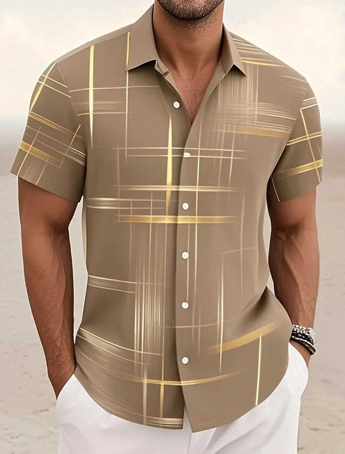 Summer Mens Geometric Grid Plaid Shirts Short SleeveTurndown Hawaiian Shirt Button Up Shirts No Pockets Shirts M260305