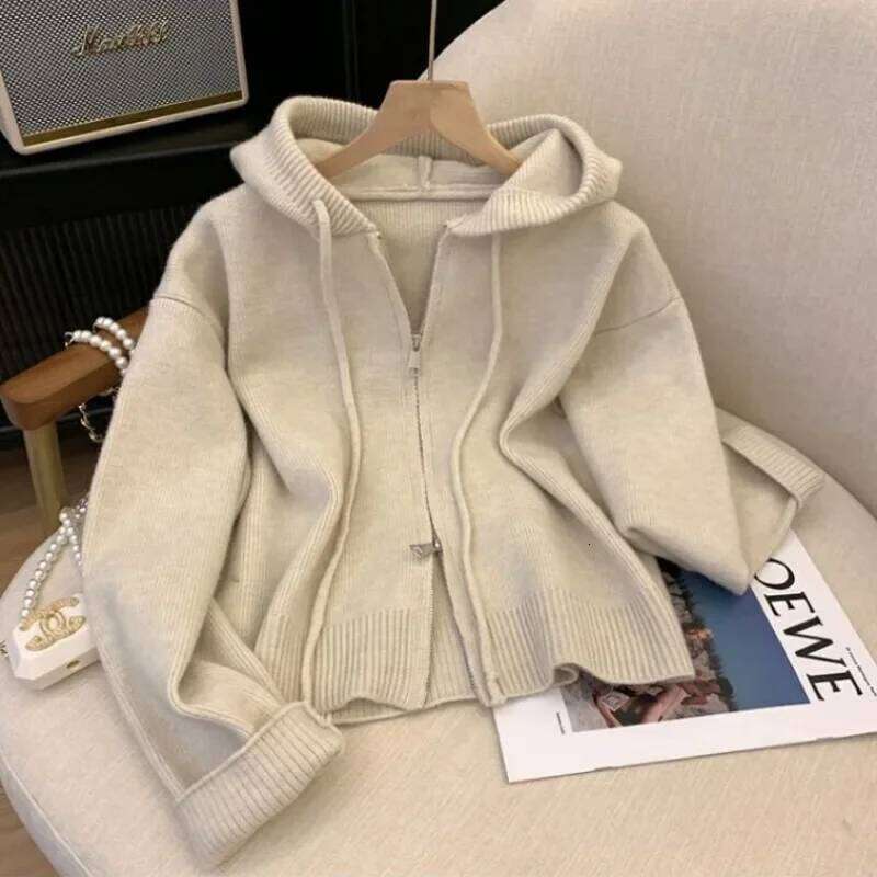 Khaki Knitted Hooded Cardigans Women Casual Drawstring Students Sweaters Zip-up Coats Spring Winter Loose Soft XJ260305