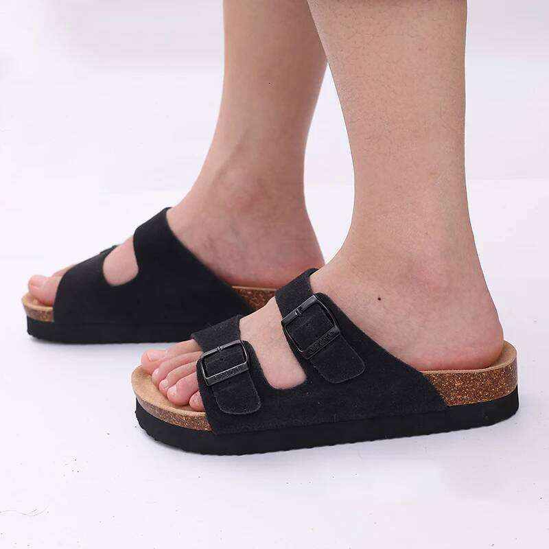 Kidmi Women's Cork Fashion Men Mules Sandals Soft Suede Beach Shoes with Arch Support Leather Clogs Slides