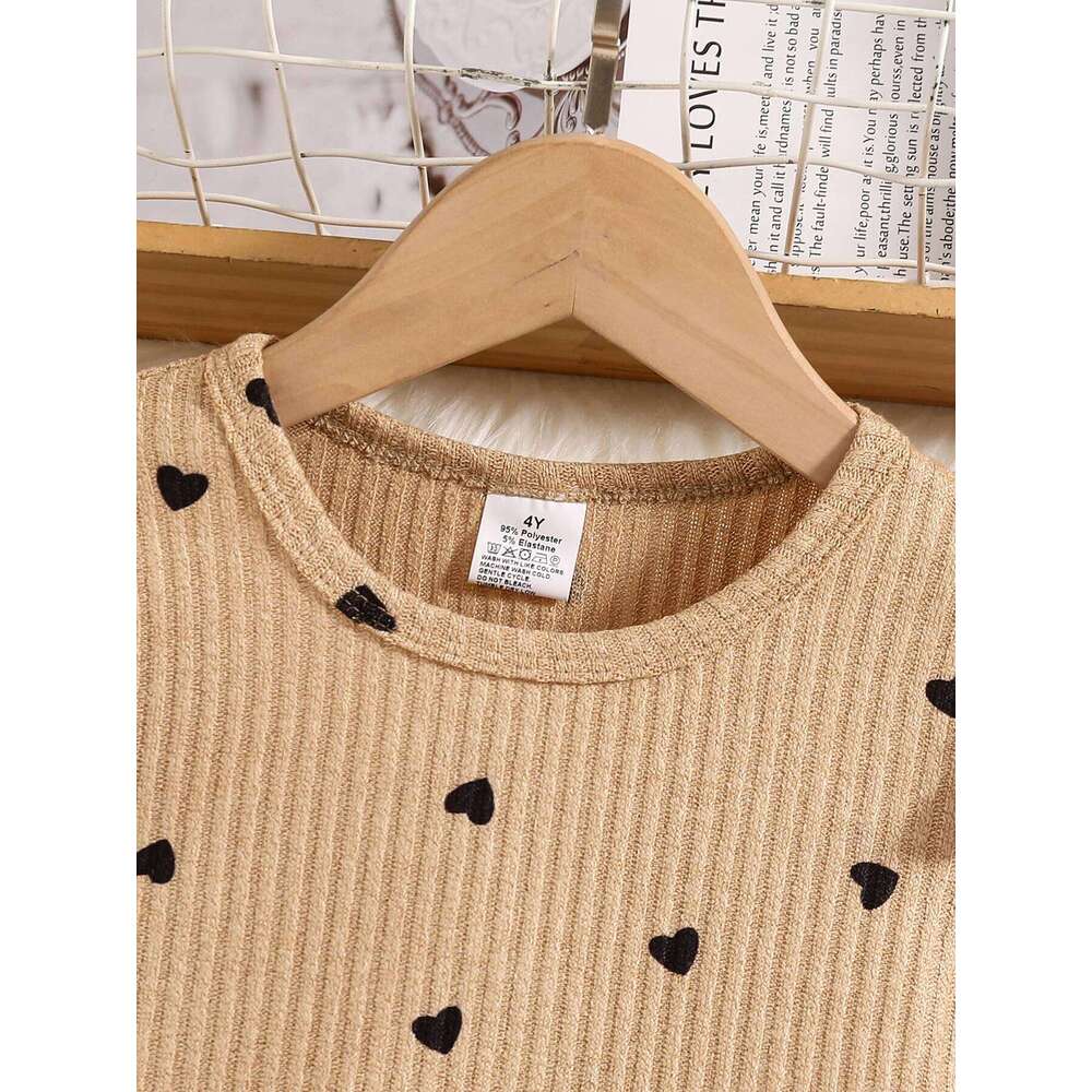 2-Piece Girls in Autumn: Fashionable Elegant Young Girls, Featuring Round-Neck Ribbed Lace-Trimmed Flutter-Sleeve Top Heart Polka Dot Print Long Sleev