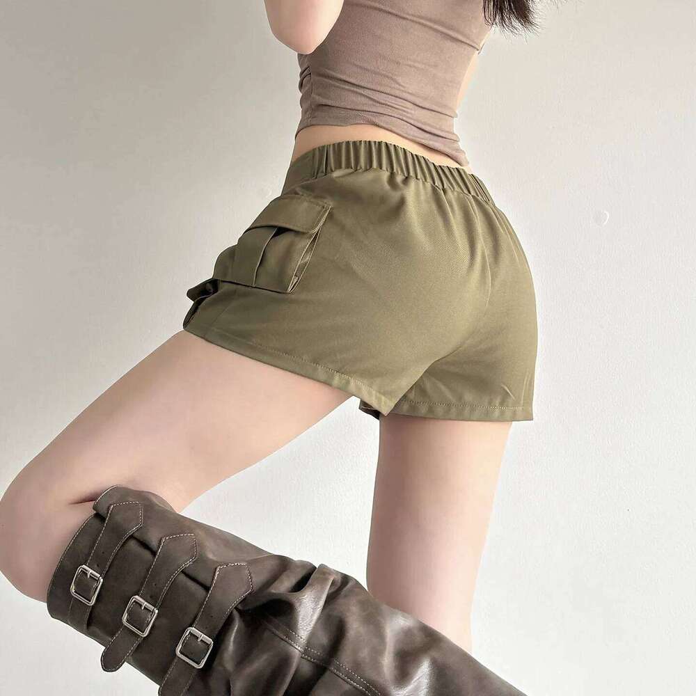 Retro Low-rise Cargo Multi-pocket Splicing Straight Wide-leg Slim-fitting Hot Pants Shorts for Women XJ260305