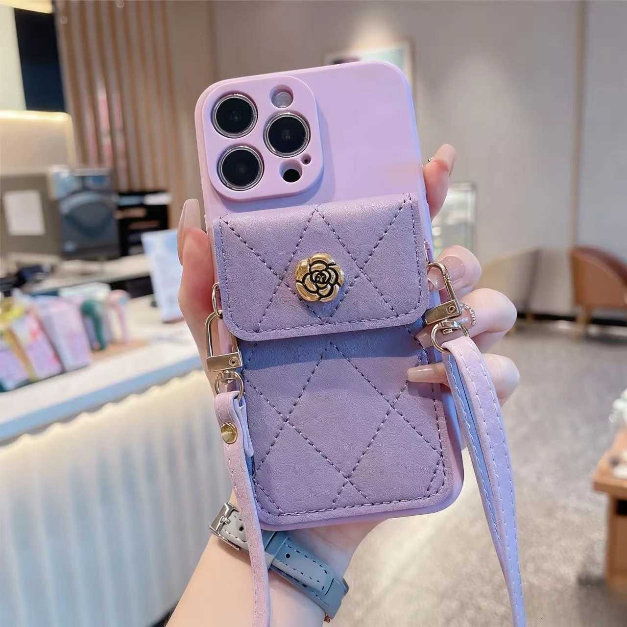 Luxury Camellia Quilted Wallet Crossbody Lanyard Phone Case For iPhone 6 7 8 Plus 6s X Xs Max Xr SE | TPU Leather Card Holder CoverT260305