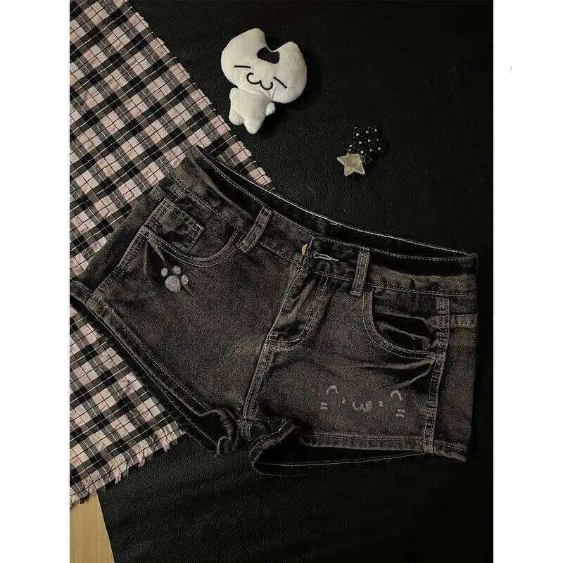2026 Summer New Cute Diamond Denim Low Waist Super Female Slim Black Gray Tight Y2k Shorts Hot Pants XJ260305
