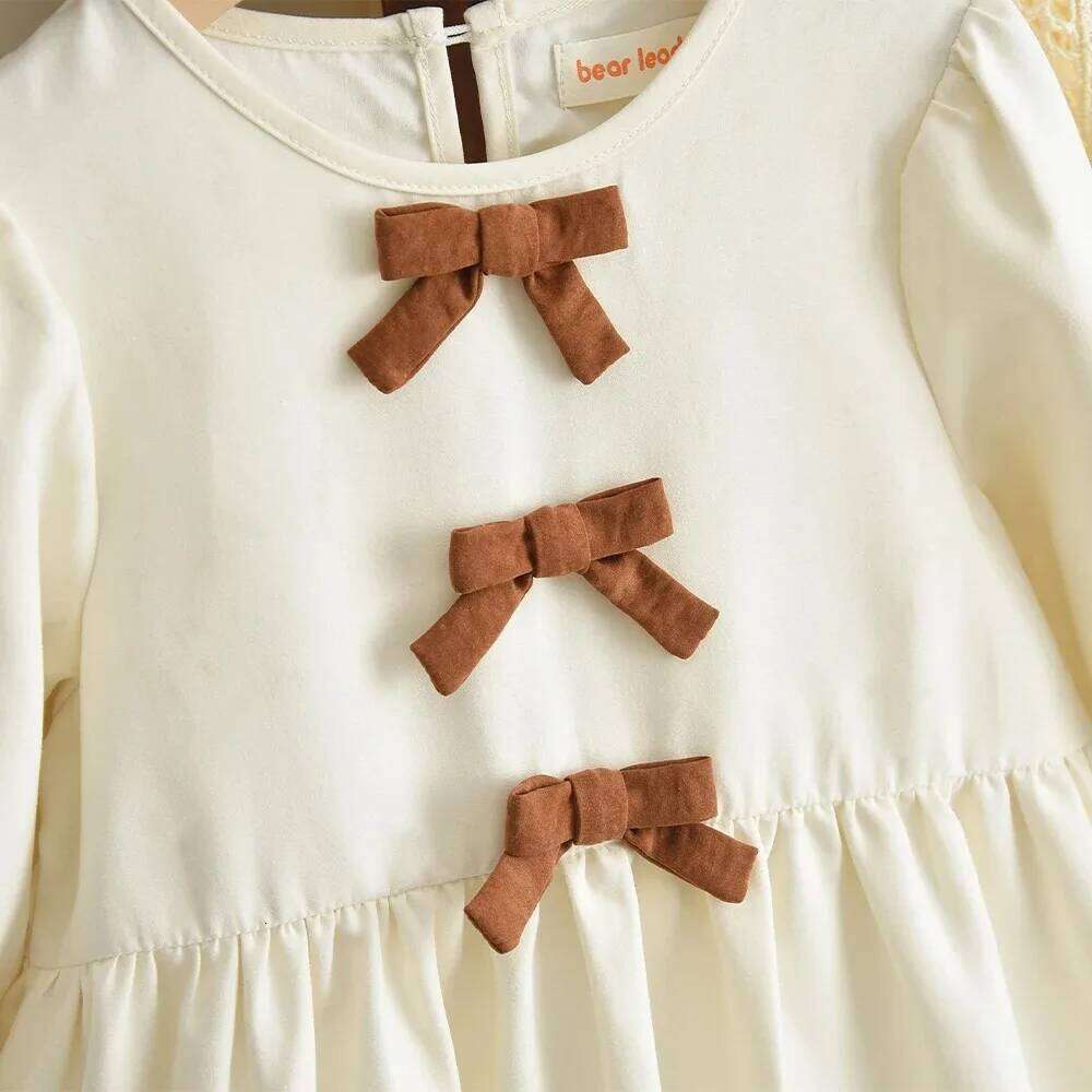 Beige Girls Dresses Autumn Long Sleeved Bow Decoration Princess Dress Fashionable and Simple Children's Casual Wear Z260304