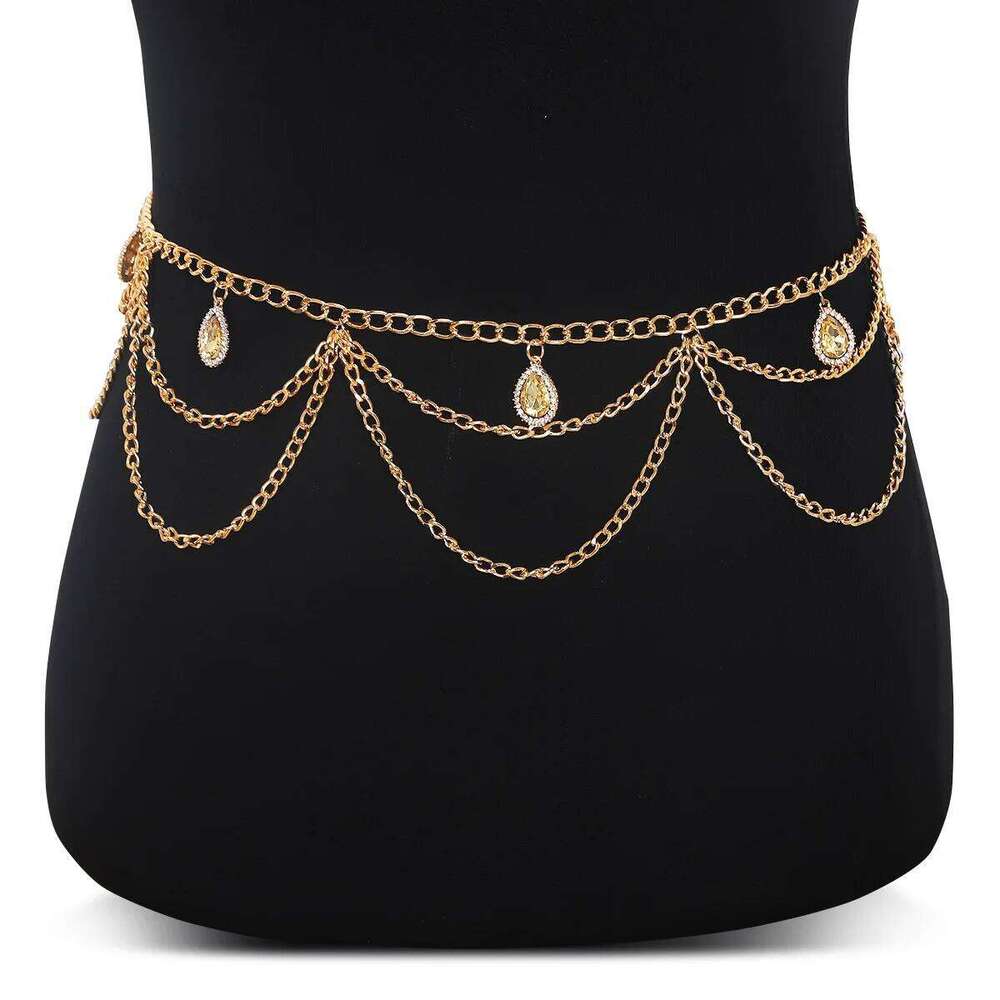 Light Luxury Multi-layer Retro Style Champagne Gemstone Pendant Waist Ladies' Body Chain Jewelry S260304